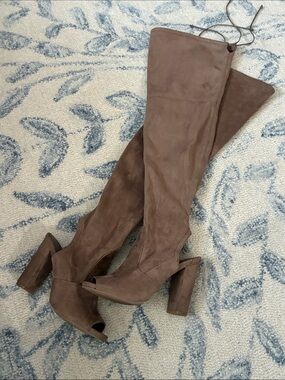 Over-the-Knee Peep-Toe Suede Wild Diva Boots in Brown/Tan.